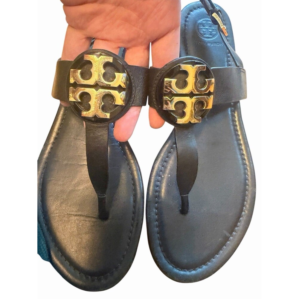 Tory Burch Bryce Logo Black Leather Sandals Flat Thong Flip Flop 9 Womens Summer - Picture 5 of 10